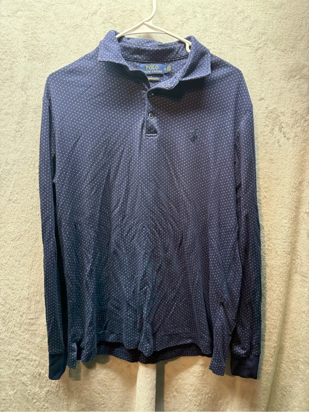 Ralph Lauren Navy Blue Long-Sleeve Polo with White Micro Dot Print